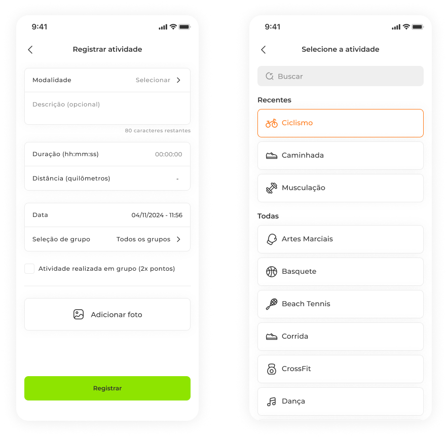 Print da tela de registro de atividade no app